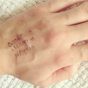 Top-down image of my veiny hand with three words written on it in pen: cinnamon, cornmeal, and pumpkin.