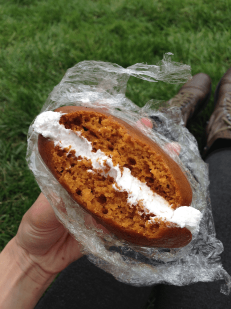 Top-down view of my hand holding a half-eaten whoopee pie.