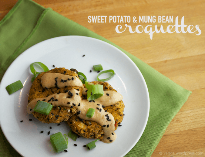 Sweet Potato and Mung Bean Croquettes with Peanutty Coconut Sauce